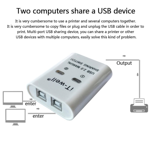 USB Printer Switch Selector KVM Switch Adapter 2 PC Deling 1 USB Enheder Hub (FMY) Black