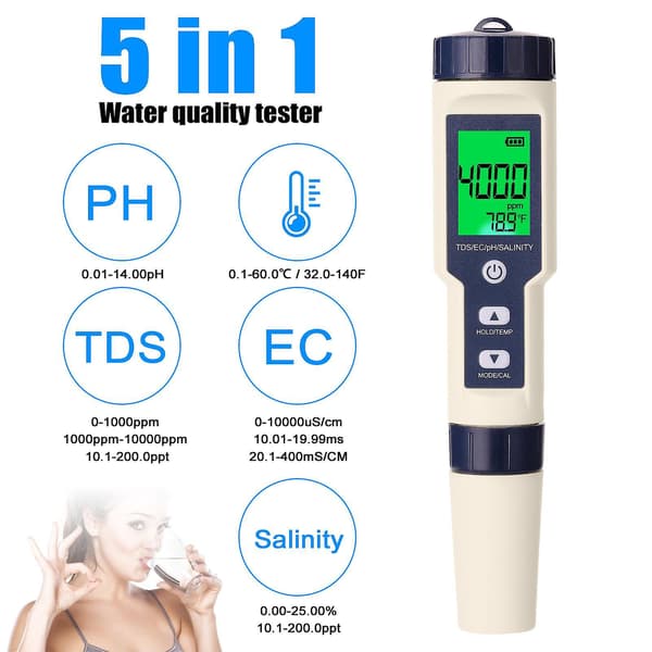 5 i 1 Professionell Multi-parameter Combo Testmätare PH/EC/TDS/Salthalt/Termometer Digital (FMY) multicolor