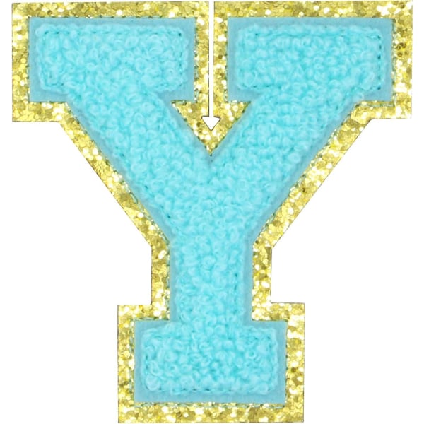 Engelska bokstaven Y Stryk på reparationslappar Alfabetsömnad Applikationer Klädmärken, med guldglitterkant, självhäftande ryggklistermärkeblå Yyblue (FMY)
