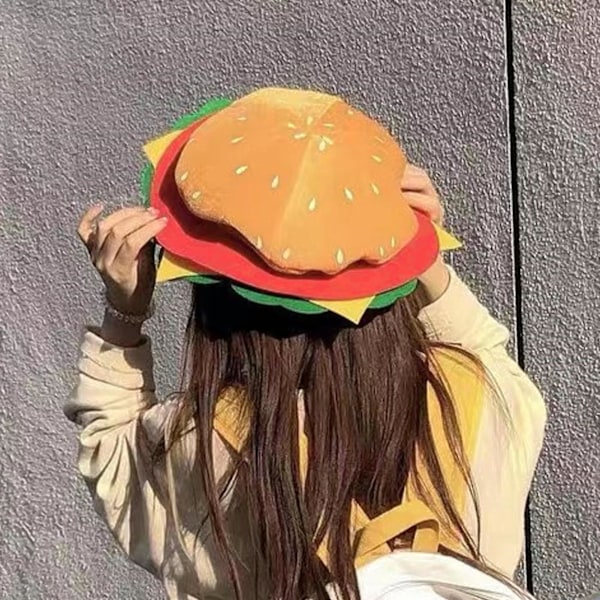 Hamburgerhatt för vuxna, söt rolig realistisk mysig stretchig kostymaccessoar mjuk herr dam snabbmat hamburgerkeps för present (FMY) Yellow One Size