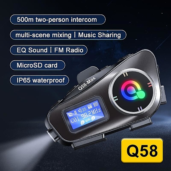 Motorsykkel Intercom Hjelm Headset BT5.3 500M intercomunicador Moto FM Radio Music Share LCD Display Hodetelefon For 2 Førere Q58-Max 1Pcs Soft Mic