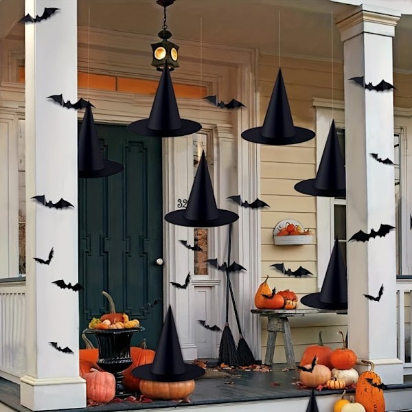 12 sorte heksehatte i polyester, plus 60 flagermusvægdekorationer og snore, Halloween kostume heksetilbehørshatte, velegnet til Halloweenfest (FMY) 12 witch hats and 60 bats