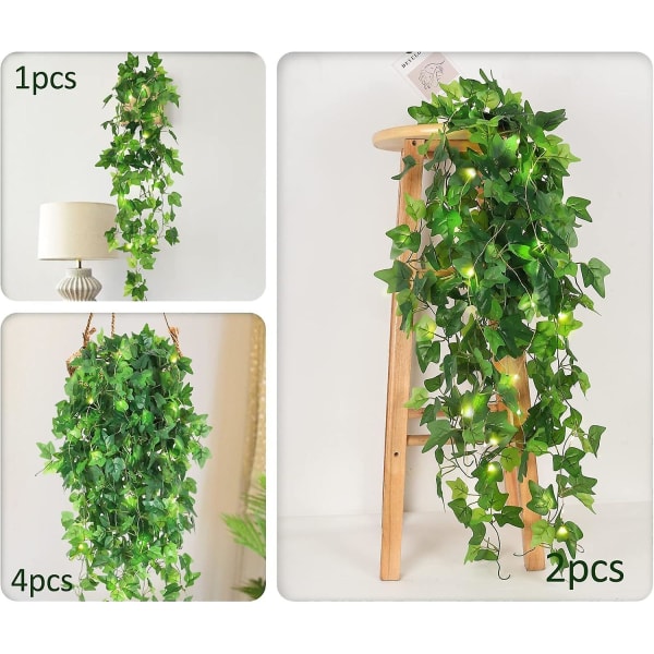 Hængende falske planter 4-pak kunstige vinstokke Silke Ivy med 30 Led Fairy String (FMY)