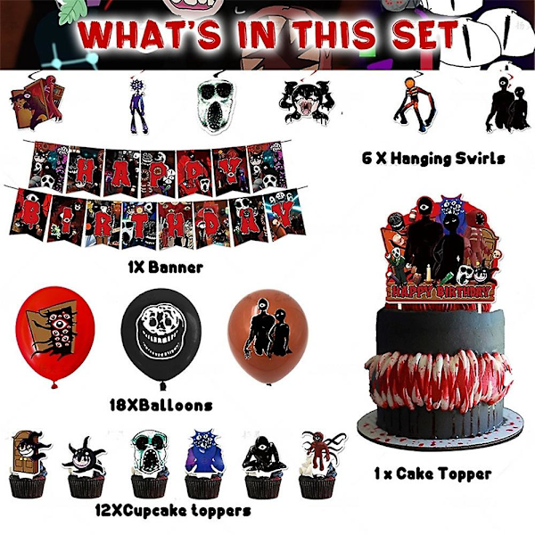 Roblox Door Bursdagsfestdekor, Horrorspillfestartikler Sett for barn Inkluderer Happy Birthday Banner, Kake/cupcaketoppere, Ballonger  (FMY)