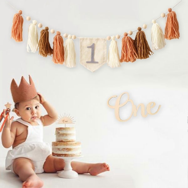 1 års fødselsdag Højstol Banner Tassel Girland Pige Håndlavet Boho Fest Dekoration Babyshower Fødselsdag Flag Værelse Loft Banner Kit (FMY) Blue