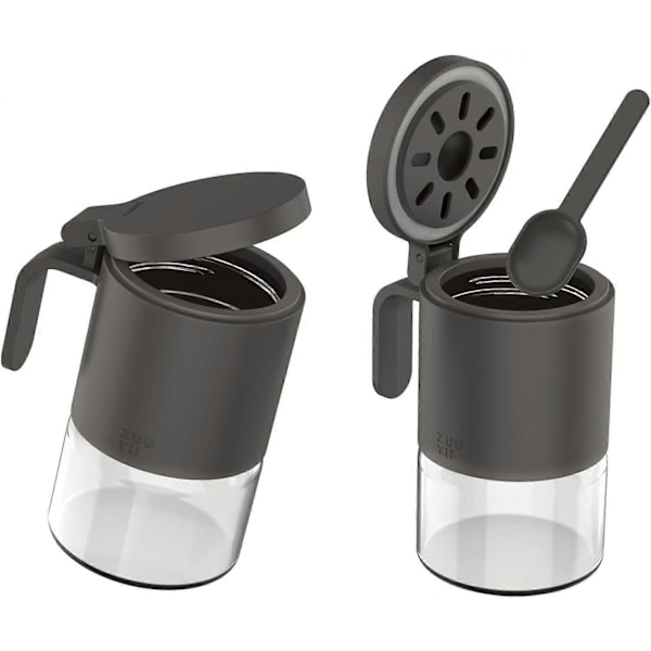 Glas Kryddburk Fuktbeständig Kryddlåda med Sked 2-Pack 300 ml Mini Kryddförvaringsburk för Kök Salt, Socker, Peppar, Chili Grå (FMY)