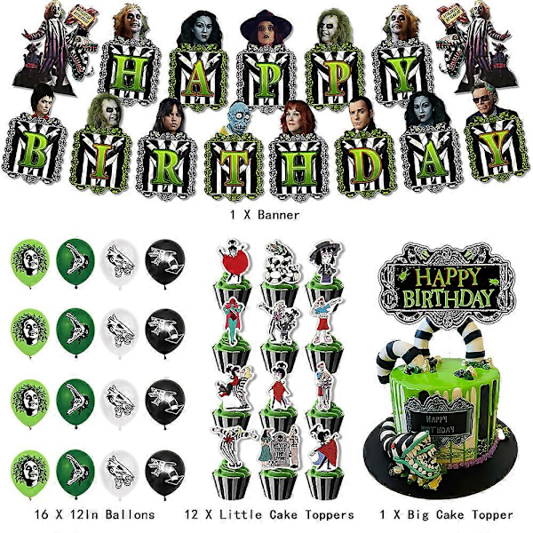 Beetlejuice-teemainen syntymäpäiväjuhlatarvikkeet, ilmapallosetti, banneri, kakun ja cupcake-koristeet (FMY)