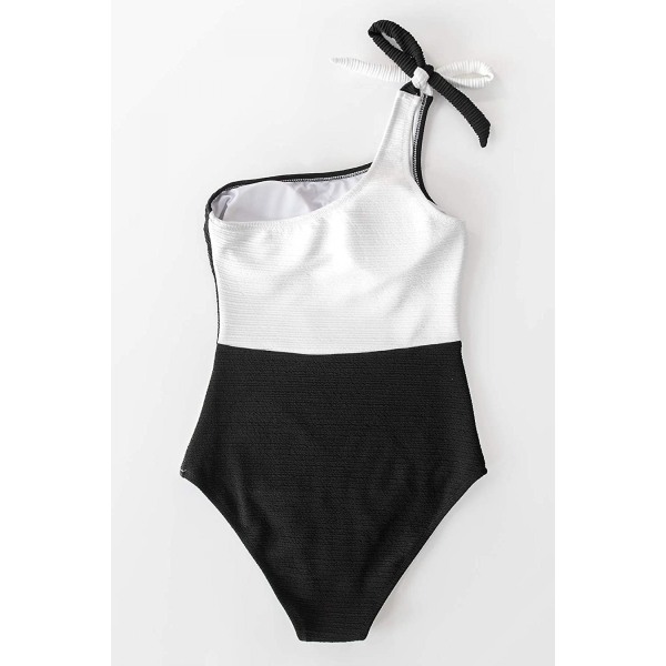 Naisten yksiosainen uimapuku, värillinen yksi olkapää Bowknot uimapuku, musta valkoinen, 2xl (FMY)