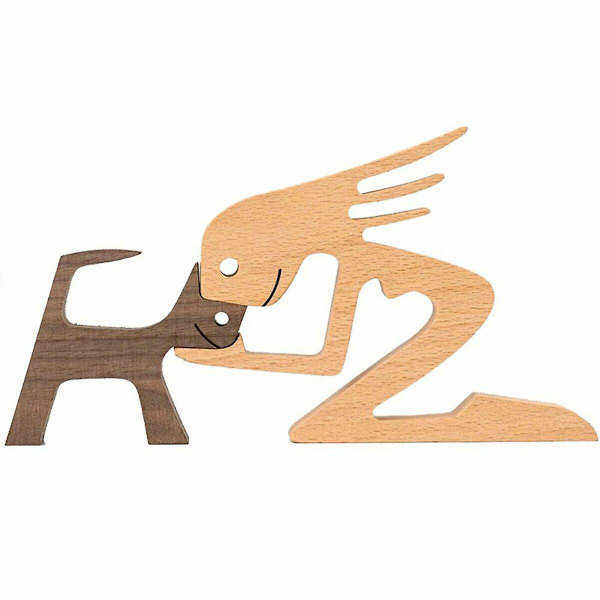 Træstatue Siddende Kvinde og Hund Kreativ Dekor Håndværk Desktop Figur Hjem  (FMY) B04