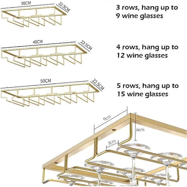 2 Stycken 5 Rader Hängande Glasställ Metall Vinglas Hållare Under Skåp Installation, Guld(FMY)