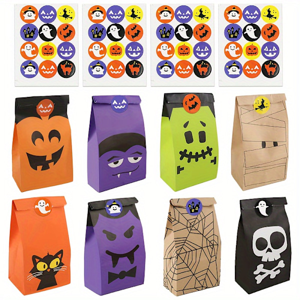 40pcs, 8 Patterns Halloween Candy Gift Bags - Party Favor Bags with 5pcs Stickers - 48pcs Total  (FMY)