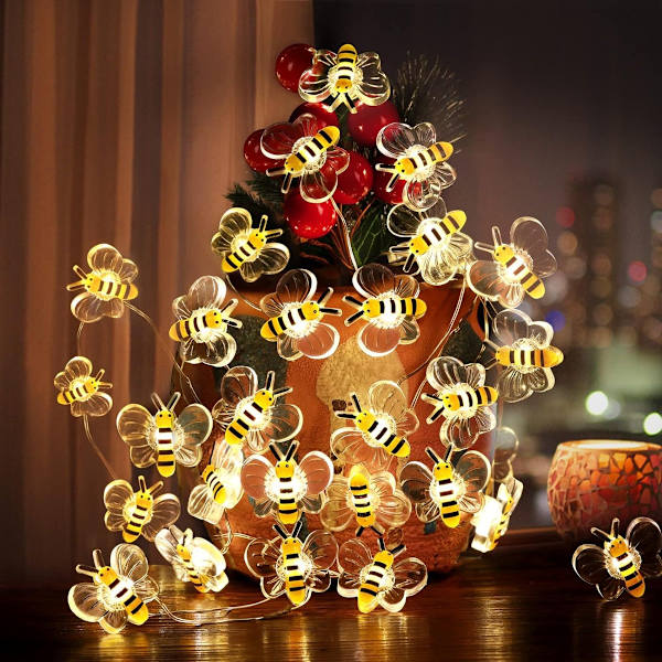 20 LED-ljusslinga med bi-motiv - 2 meter Batteridriven Söta Dekorativa Ljus för Sovrum, Växter, Uteplatser, Fest, Bröllop, Jul, Camping,  (FMY) Warm White 6.56ft 20 LED