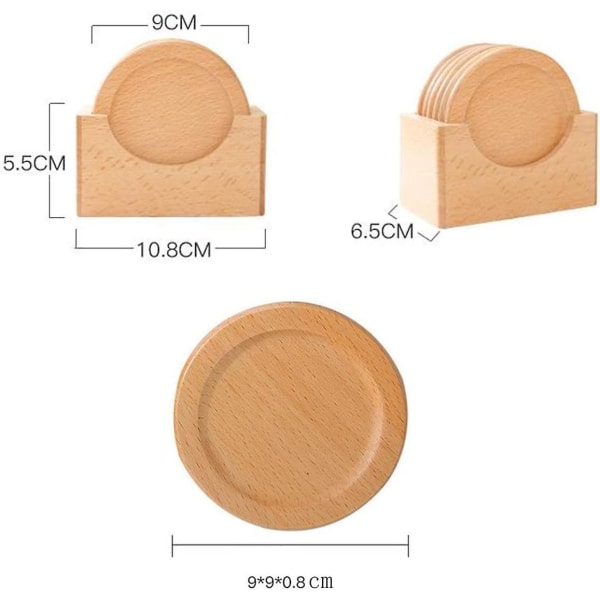Underlägg av trä, 6 st Bambu Underlägg Naturliga skivor Rund glasunderlägg Set med hållare för hemmet köksbord inflyttningspresent 9 cm (FMY)