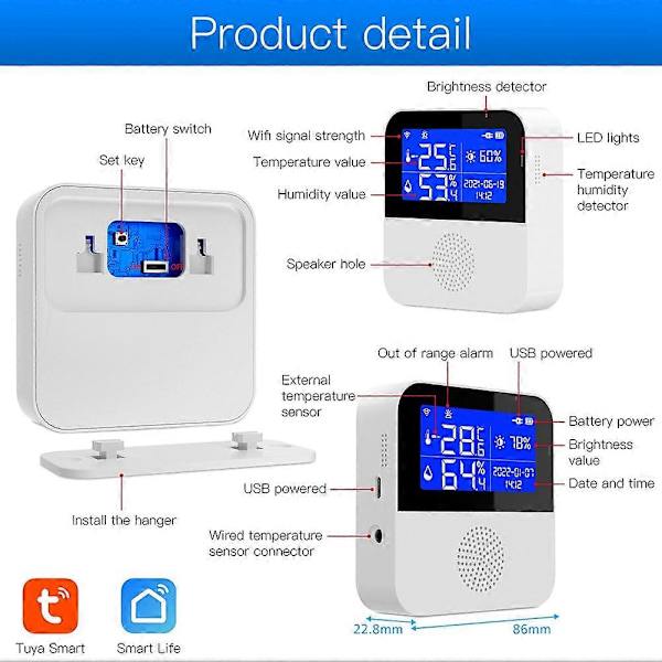 Tuya Smart Home WIFI Temperatur- og Fuktighetsensor Alarm Innendørs Utendørs Hygrometer Termometer Støtte (FMY) White