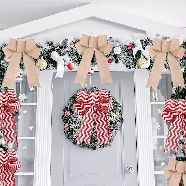 Pakke med 8 buer julepynt 24 x 18 cm, jute & julebånd | Store julebuer røde juletræspynt buer til Chris  (FMY)