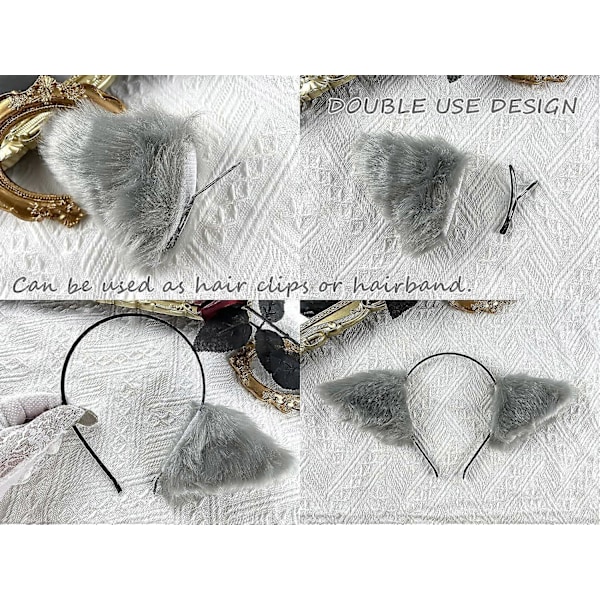 Fuskpäls Kattöron Hårklämma Fluffig Varg Räv Lång Svans Kostym Halloween Party Halsband Cosplay Set (Grå-Svart) (FMY)