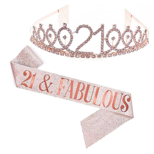 Kvinnor Glittrande Rhinestone Print Sash Tiara Set Birthday Party Supplies (FMY) Rose Gold 21 Years Old