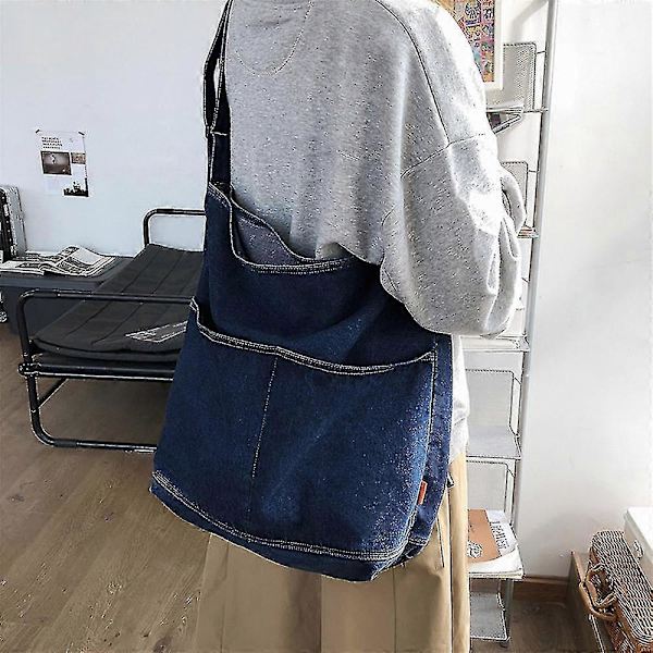 Denim Canvas Väska Justerbar Enkelsidig Axelrem Med Sidoficka För Kvinnor (FMY) Light Blue