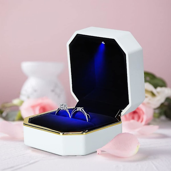 Ringæske med LED-lys, firkantet fløjlsringæske til bryllup, smykkegaveæske til frieri, forlovelse, bryllup (FMY) White