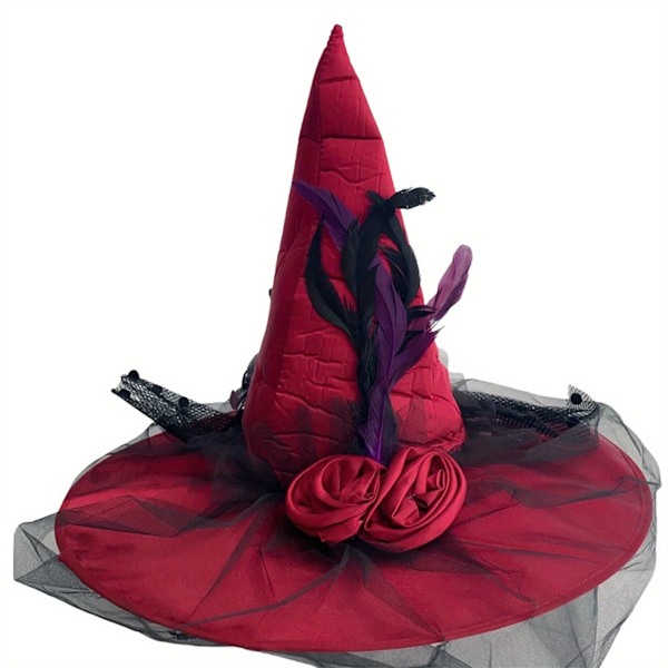 1 stk. 15.35*19.29 tommer Halloween Party Hat Klassisk Røde Blomster Hexehat med Fjer Mesh til Ferie Cosplay Kostume Rekvisitter Tilbehør (FMY) Red 15.35*19.29inches