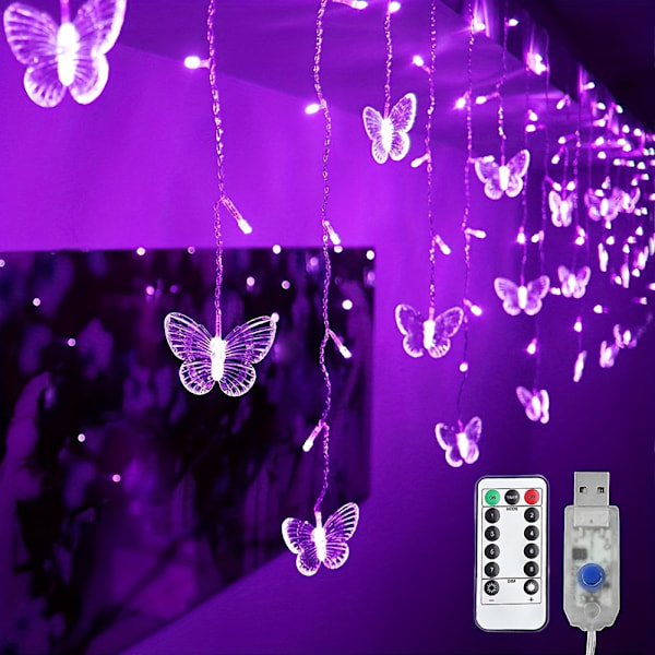 1 st LED-ljusslinga, LED-fjärilsgardinlampa, 21,3 fot/255,9 tum 8 lägen USB-laddare Fönsterblinkande ljusslingor med fjärrkontroll, 9 (FMY) Multicolor