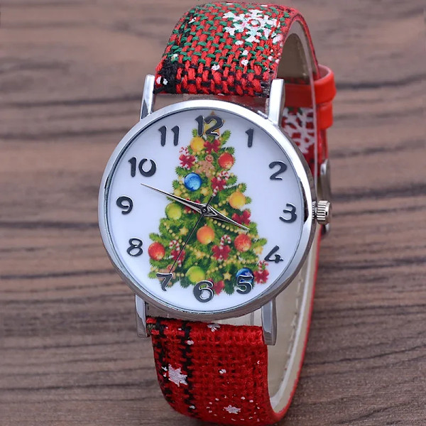 Damklocka med julgranmotiv - Casual Kvartsarmbandsur i Ljusa Färger med Läderband - Söt Damklocka Present Reloj Mujer(FMY) 5