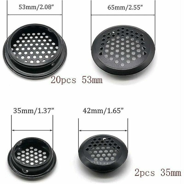 20 kpl pyöreä ruostumattomasta teräksestä valmistettu tuuletusritilä Rv:lle / kylpyhuoneeseen / keittiöön. Musta 53mm (FMY)