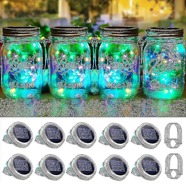 20 LED 10 Pakkaa Mason Jar -kansi Aurinkokennovalot Ripustuskoukulla Mason Jar -satumainen Puutarha Patio [ilman purkkia] (FMY) multicolor
