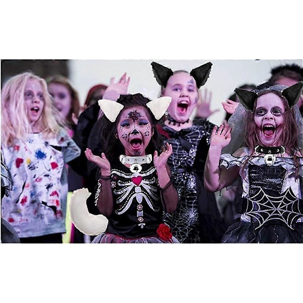 Fuskpäls Kattöron Hårklämma Fluffig Varg Räv Lång Svans Kostym Halloween Party Halsband Cosplay Set (Grå-Svart) (FMY)