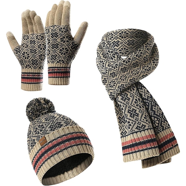Beanie Hat Tørklæde Og Handske Sæt, Vinterhue Tørklæde Handsker | Bløde berøringsskærmshandsker og tørklæder Cold Weather Gear (FMY)