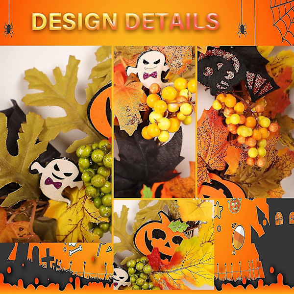 Halloween-krans med LED-lys og oppheng, høstkrans til inngangsdøren, Halloween-dekorasjon til hjemmet, Thanksgiving-dekorasjon, lønn (FMY)
