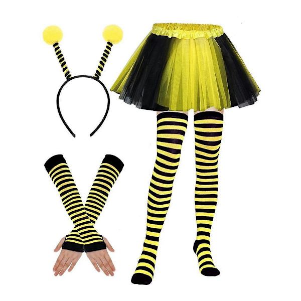 Bi-dräktset för vuxna Halloween Bi-dräkt Tutu-kjol Bi-randig knä-lång strumpa Långa handskar (FMY) YellowBlack
