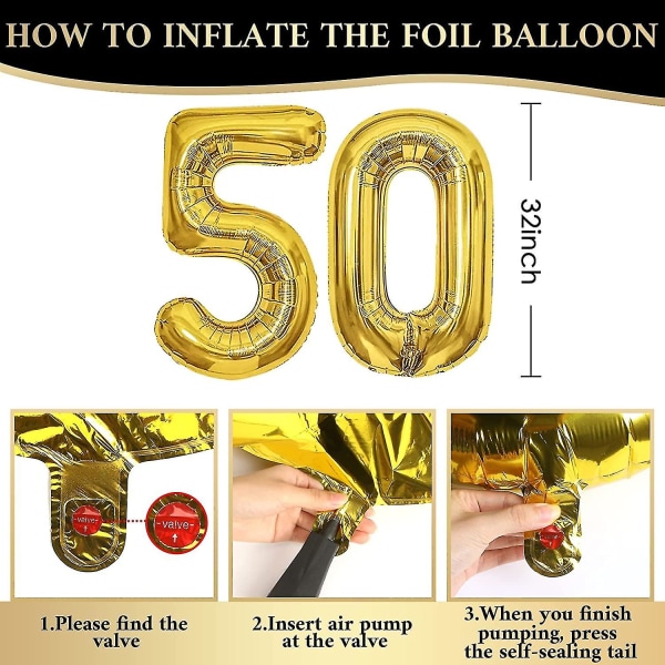 50-årsdagsdekorasjon, 50-årsjubileumsdekorasjon for menn, kvinner, 50-årsdekorasjoner, Gratulerer med dagen Garland Balloon Black Gold Decoration (FMY)