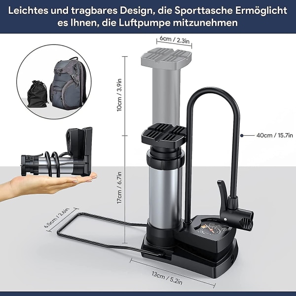 Cykelpump Mini Portabla fotpumpar med tryckmätare för alla ventiler Av/dv/sv Golvpump Lämplig för Mtb-vandringscyklar, stadscyklar och barn'