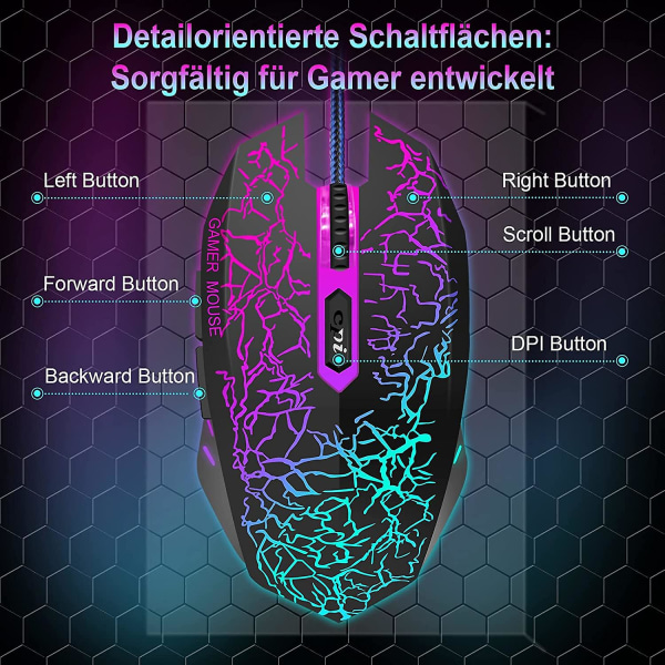 Langallinen PC-hiiri, Optinen USB-pelikäyttöön tarkoitettu hiiri pöytätietokoneelle/kannettavalle tietokoneelle, 1200 - 3600 4 säädettävää DPI:tä, RGB-valaistus, ergonomia ja 6 ohjelmoitavaa painiketta