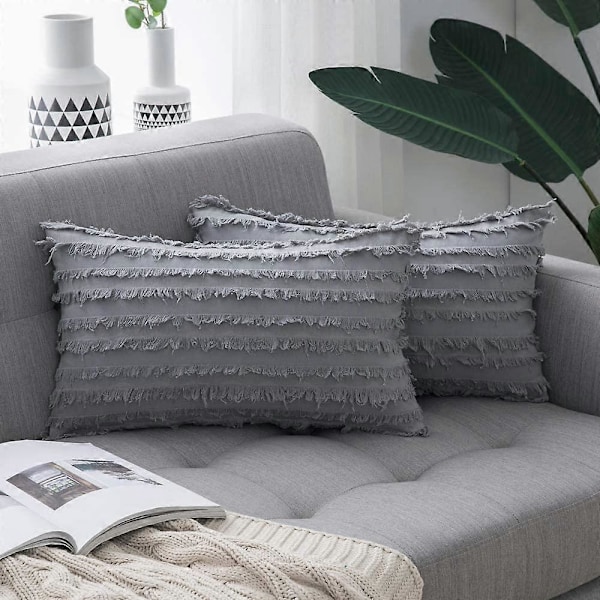 Käsityönä tehdyt koristeelliset 100 % puuvillakankaasta valmistetut tyynynpäälliset, 2 kpl, saatavana 11 väriä - (45,7 x 45,7 cm, 2 kpl, omenanvihreä) (FMY) light grey