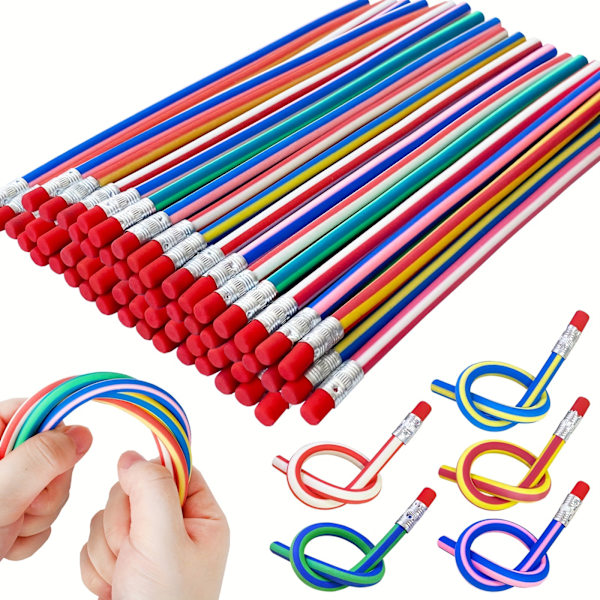 50 stk. Farverige Stribede Fleksible Blyanter med Viskelæder - Bløde, Ergonomiske Design for Komfortabel Greb, Perfekt til Studerende, Kunstnere (FMY) 50pcs