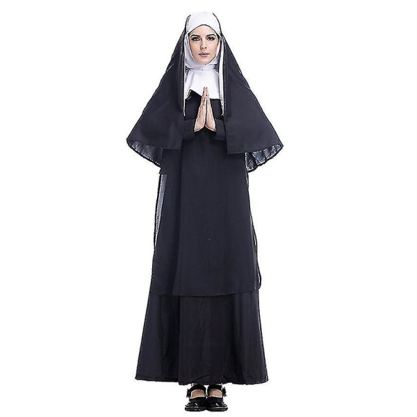 Nunna-asu, musta luostari Maria Cosplay -asu, naiset Halloween-karnevaalijuhlien esiintymisasu (FMY) XL