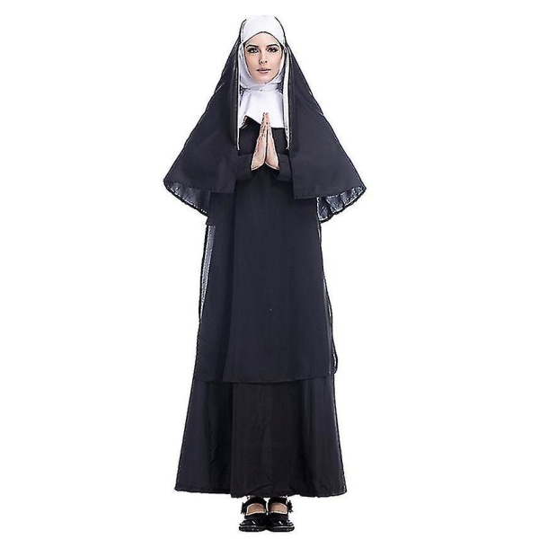 Nunnadräkt Svart kloster Maria Cosplaydräkt Kvinnor Halloween Carnival Party Performance Costume (FMY) XL