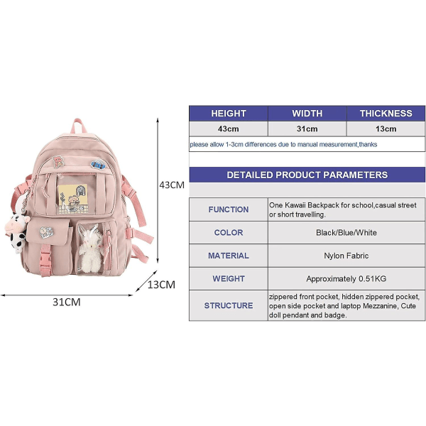 Kawaii-ryggsäck med söt plyschhänge och kawaii-nålar,estetisk ryggsäck Söt Kawaii-ryggsäck för skolan (FMY)