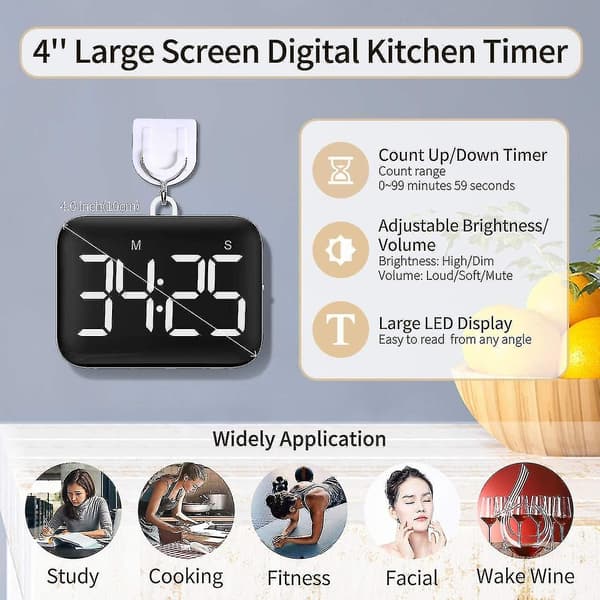 4 Tums Digital Kökstimer Stor LED-Display Magnetisk Timer Med Justerbar (FMY)