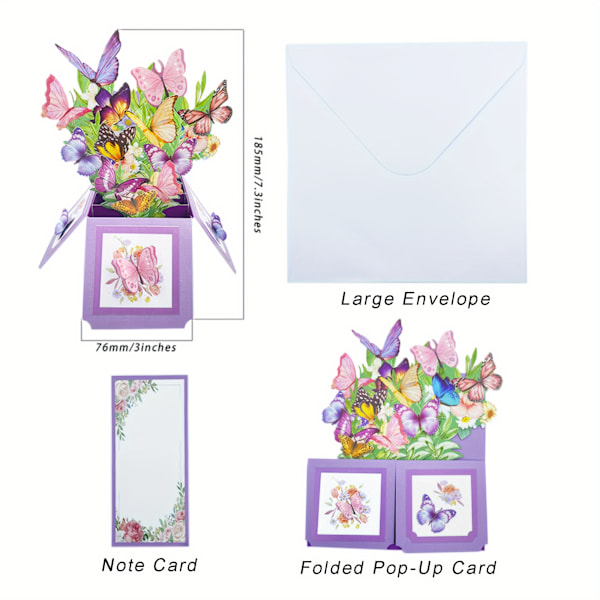 3D Fjärils Pop-Up Gratulationskort med Kuvert för Födelsedagar, Jubileum, Mors Dag - Handgjord Blommig Pappersbukett, Allt-i-Ett Överraskning (FMY) Purple