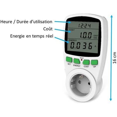 LCD strømuttak wattmeter – Måler 220V forbruk – 16A strøm – Viser strøm og energikostnad – Integrert sikkerhetssystem（FMY）