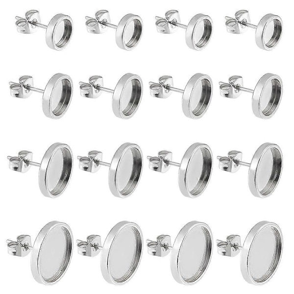 1 Förpackning 1 Ask 40st Örhängestift i Rostfritt Stål Cabochon Infattning Stolpe Kopp med Tom Platt Rund Infattning Bricka 6/8/10/12mm Örhängestift Komponenter (FMY)