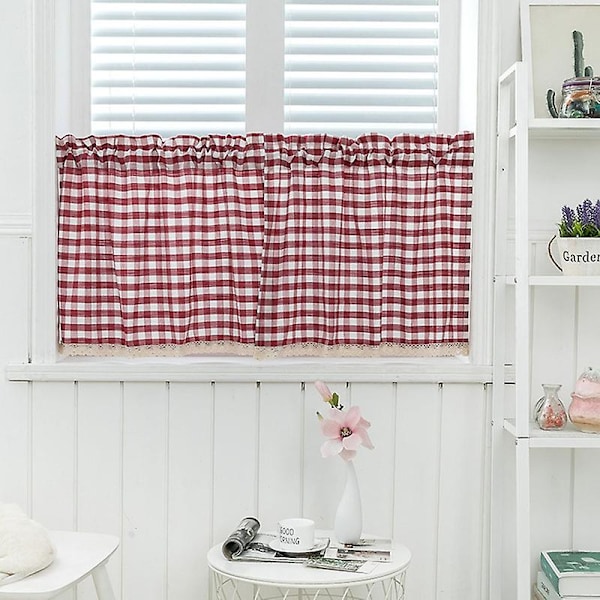 Keittiön ikkunan ruudullinen lyhyt verho pitsiverho läpi tangon verho verhoilu sisustus  (FMY) Wine Red 130*41cm