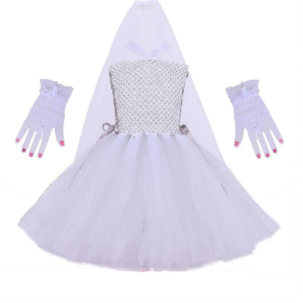 Ghost Bride Girls Halloween -asu Tutu mekko käsineillä Hunnu Teinityttöjen cosplay-asu Tyylikäs pukeutuminen Lasten juhlamekot (FMY) S 2-3 Years