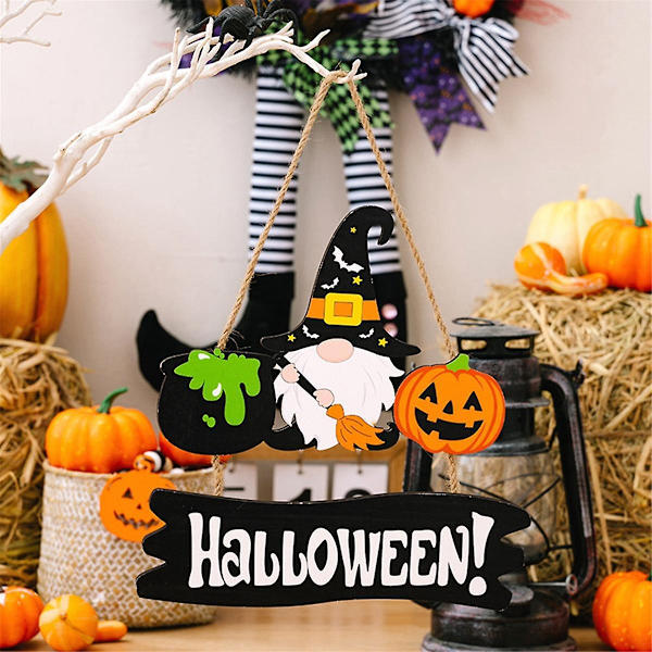 2 kpl Halloween-seinäkoriste, kurpitsa, puinen riipuskoriste, riipus, kurpitsa, tonttu, kyltti (FMY)