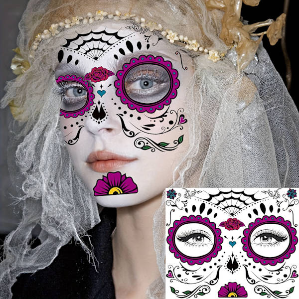 Levande Dödskalle Ansikts Tatueringar - Hållbara, Vattentäta och Återanvändbara för Vuxna - Perfekt för Halloween, Dia de los Muertos (FMY) 4 Sheets In One Package
