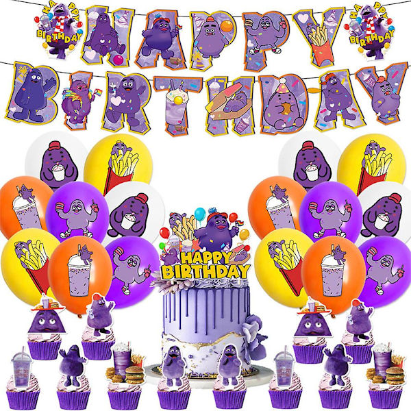 Grimace Shake -syntymäpäiväjuhlien koristeet ja -tarvikkeet, mukaan lukien Happy Birthday -banneri, ilmapallot, kakunkoriste (FMY)