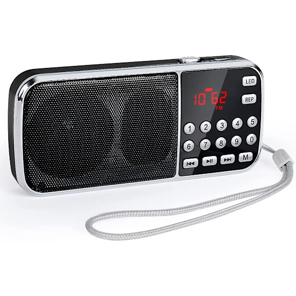 Liten Radio med Bluetooth, Bärbar Radio med Djup Bas, Digital Radio med Uppladdningsbart Batteri, LED-ficklampa